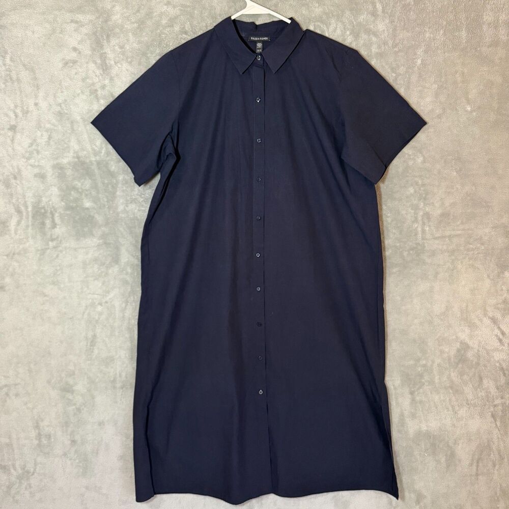 Eileen Fisher Women M Navy Organic Cotton Button Front Shirt Dress Short Sleeve
